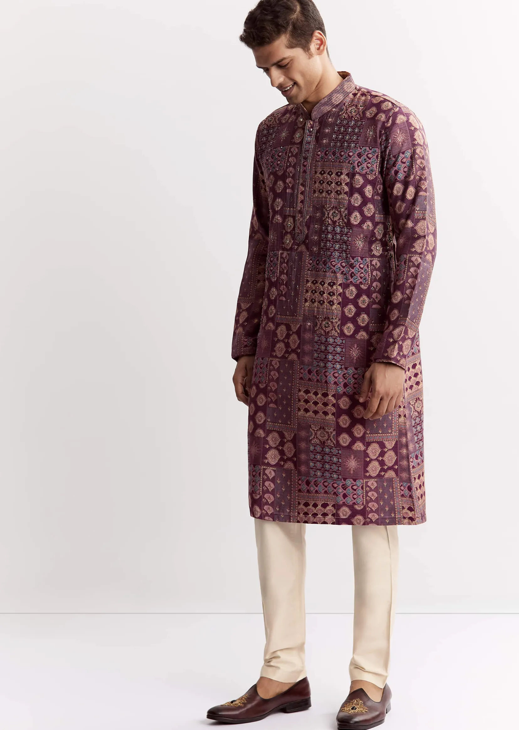 Wine Chanderi Printed Kurta Jacket Set With Stone Sequins And Cutdana