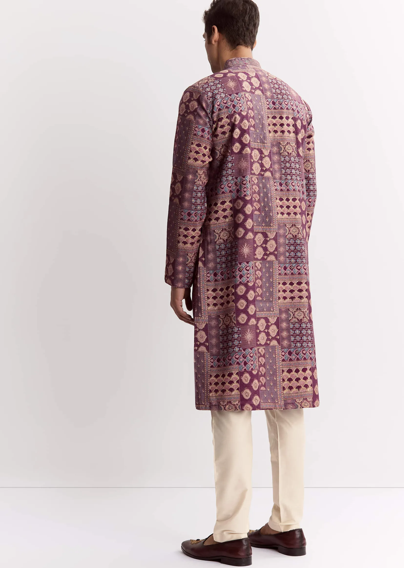 Wine Chanderi Printed Kurta Jacket Set With Stone Sequins And Cutdana