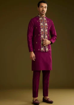 Wine Cotton Silk Kurta Set With Embroidered Lapel Jacket