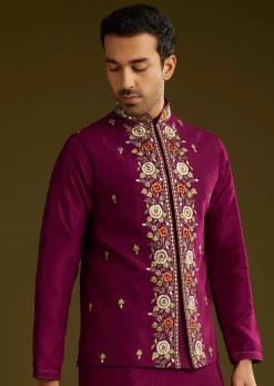 Wine Cotton Silk Kurta Set With Embroidered Lapel Jacket