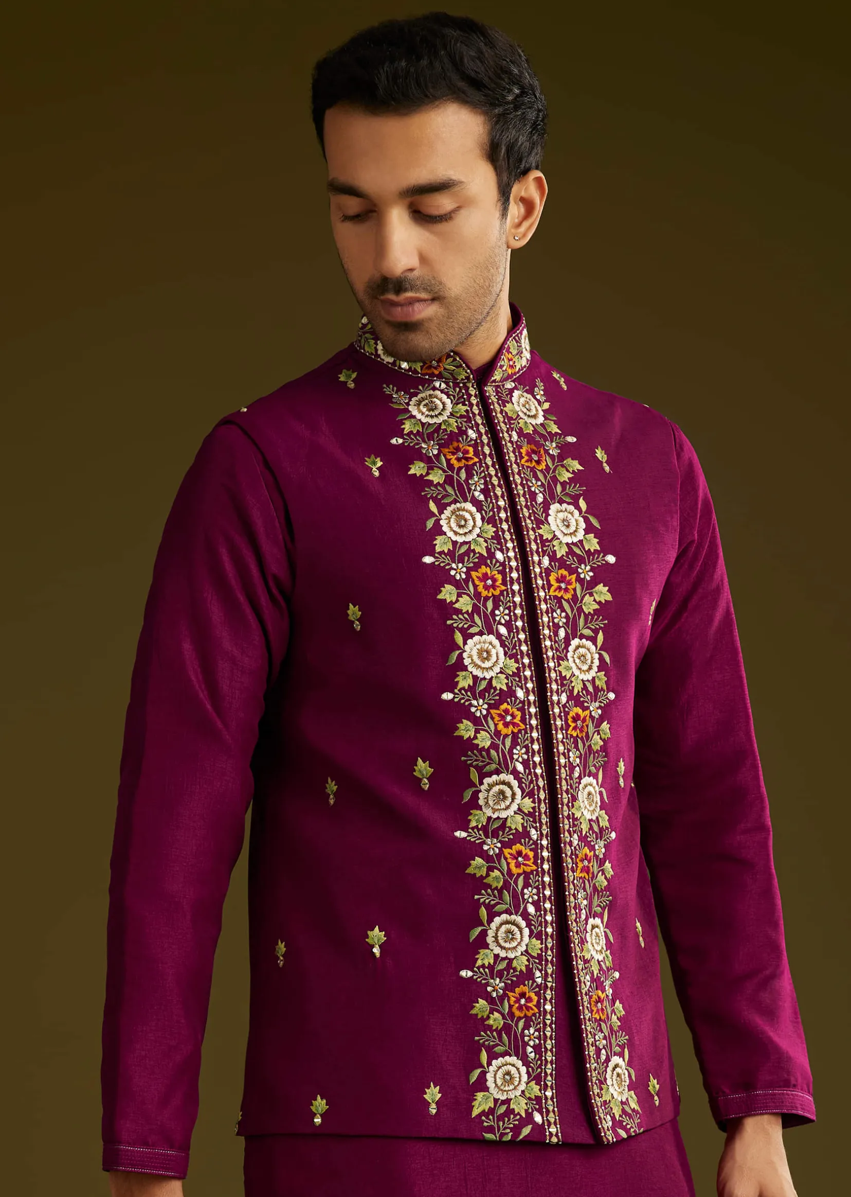 Wine Cotton Silk Kurta Set With Embroidered Lapel Jacket