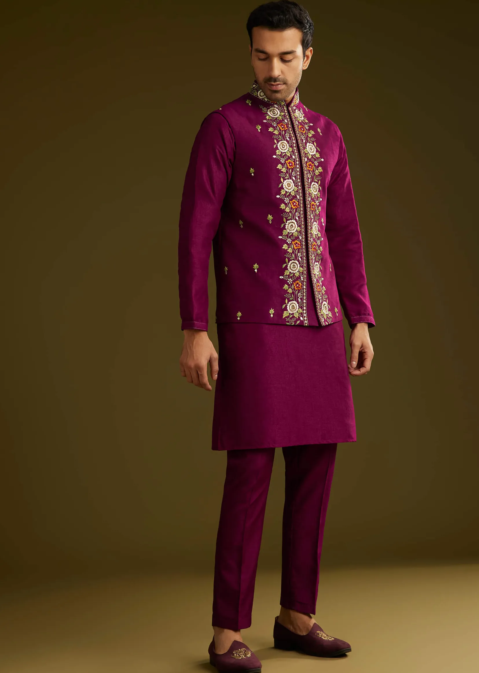 Wine Cotton Silk Kurta Set With Embroidered Lapel Jacket