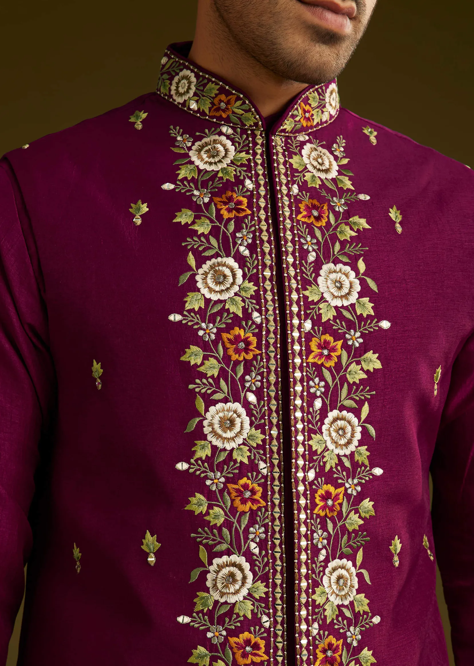 Wine Cotton Silk Kurta Set With Embroidered Lapel Jacket