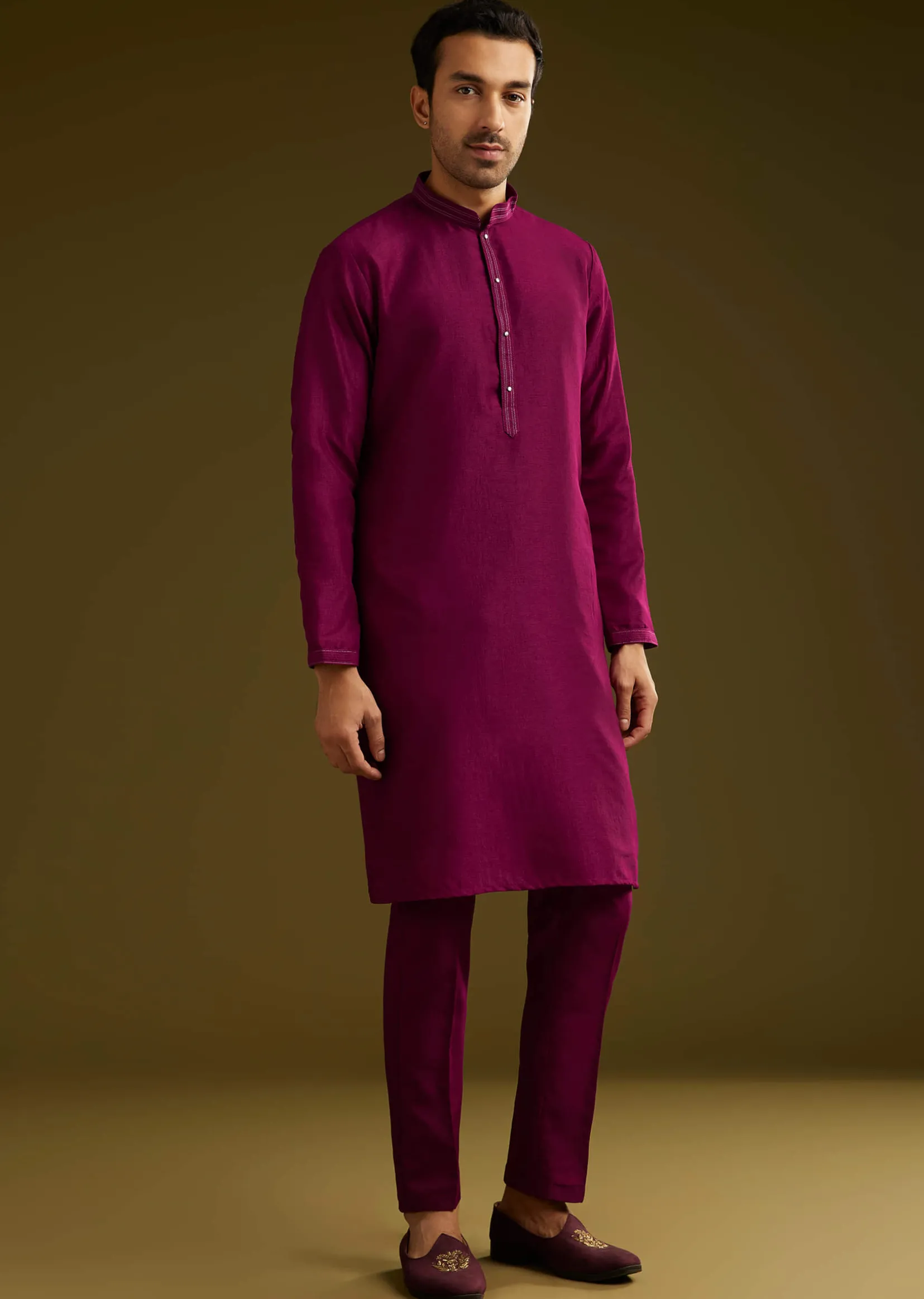 Wine Cotton Silk Kurta Set With Embroidered Lapel Jacket