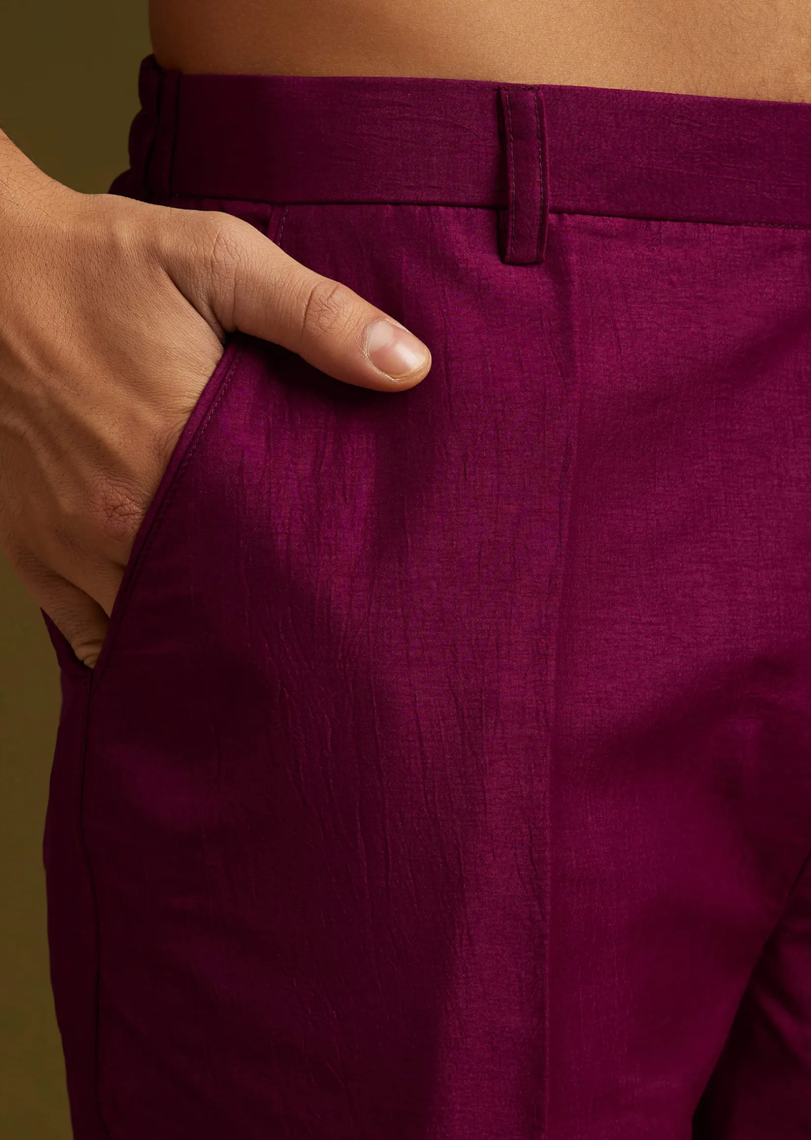 Wine Cotton Silk Kurta Set With Embroidered Lapel Jacket