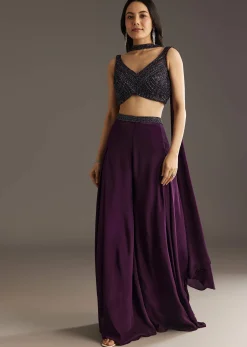 Wine Crepe Crop Top With Embroidered Palazzo And Choker Dupatta