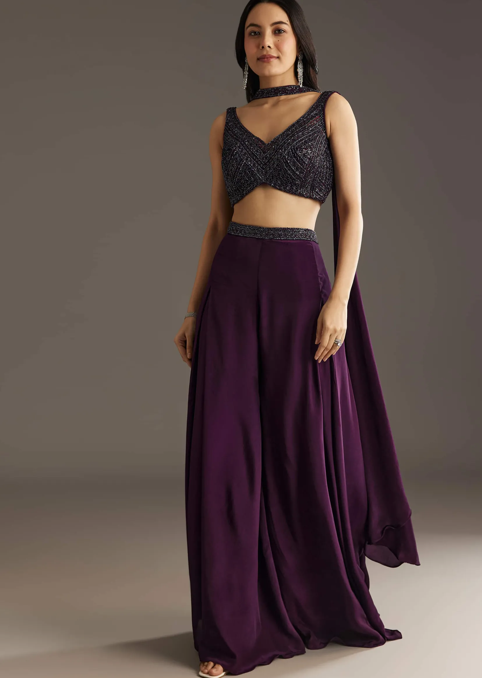 Wine Crepe Crop Top With Embroidered Palazzo And Choker Dupatta