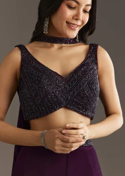 Wine Crepe Crop Top With Embroidered Palazzo And Choker Dupatta