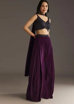 Wine Crepe Crop Top With Embroidered Palazzo And Choker Dupatta