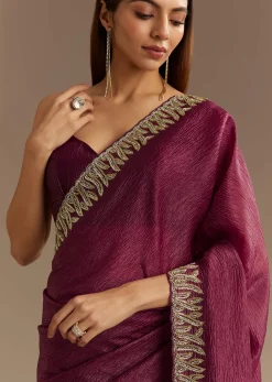 Wine Crushed Tissue Saree With Cutdana And Stone Embroidery