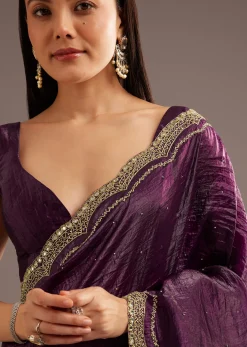 Wine Crushed Tissue Silk Cutdana Scallop Bordered Saree