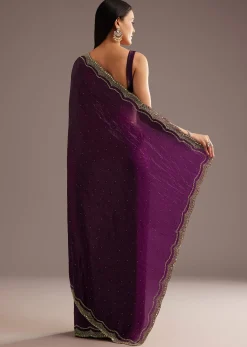 Wine Crushed Tissue Silk Cutdana Scallop Bordered Saree