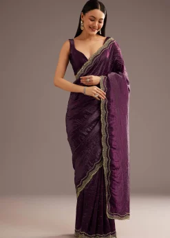 Wine Crushed Tissue Silk Cutdana Scallop Bordered Saree