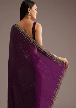 Wine Crushed Tissue Silk Cutdana Scallop Bordered Saree