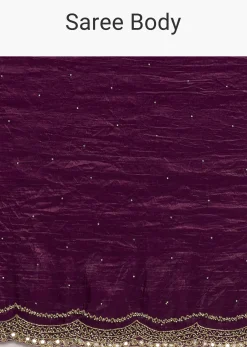 Wine Crushed Tissue Silk Cutdana Scallop Bordered Saree