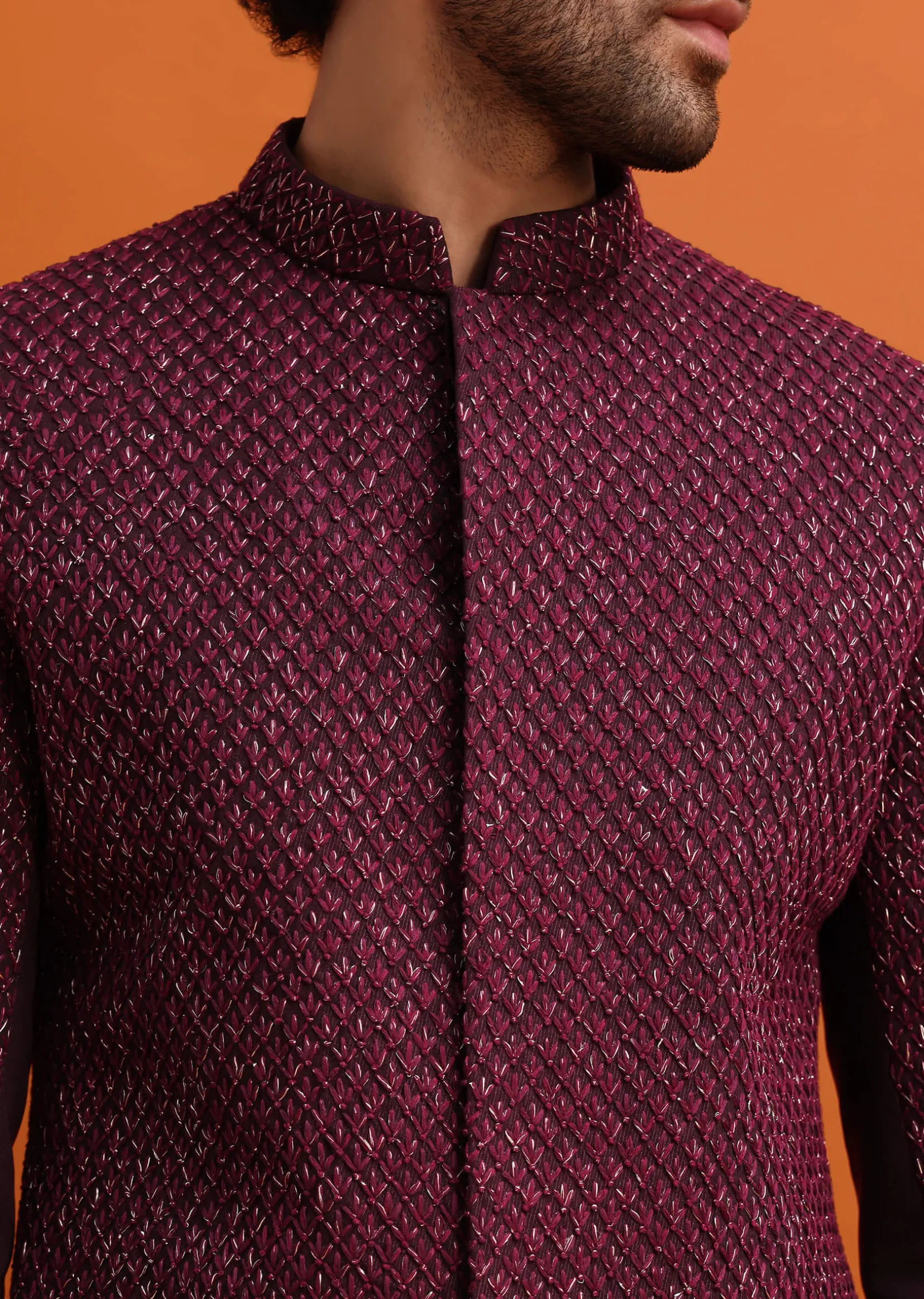 Wine Cutdana Embroidered Sherwani For Men