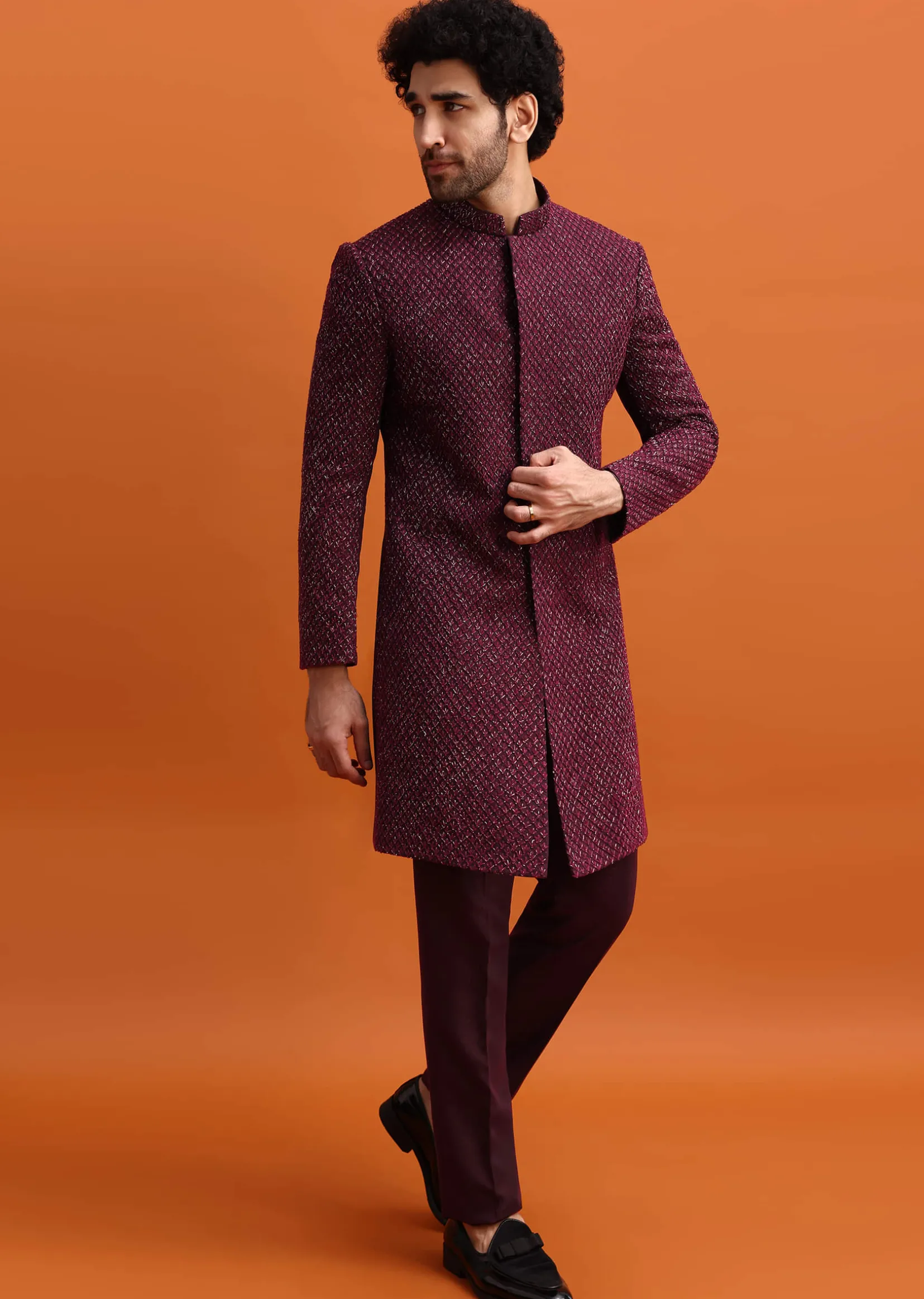 Wine Cutdana Embroidered Sherwani For Men