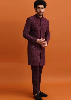 Wine Cutdana Embroidered Sherwani For Men