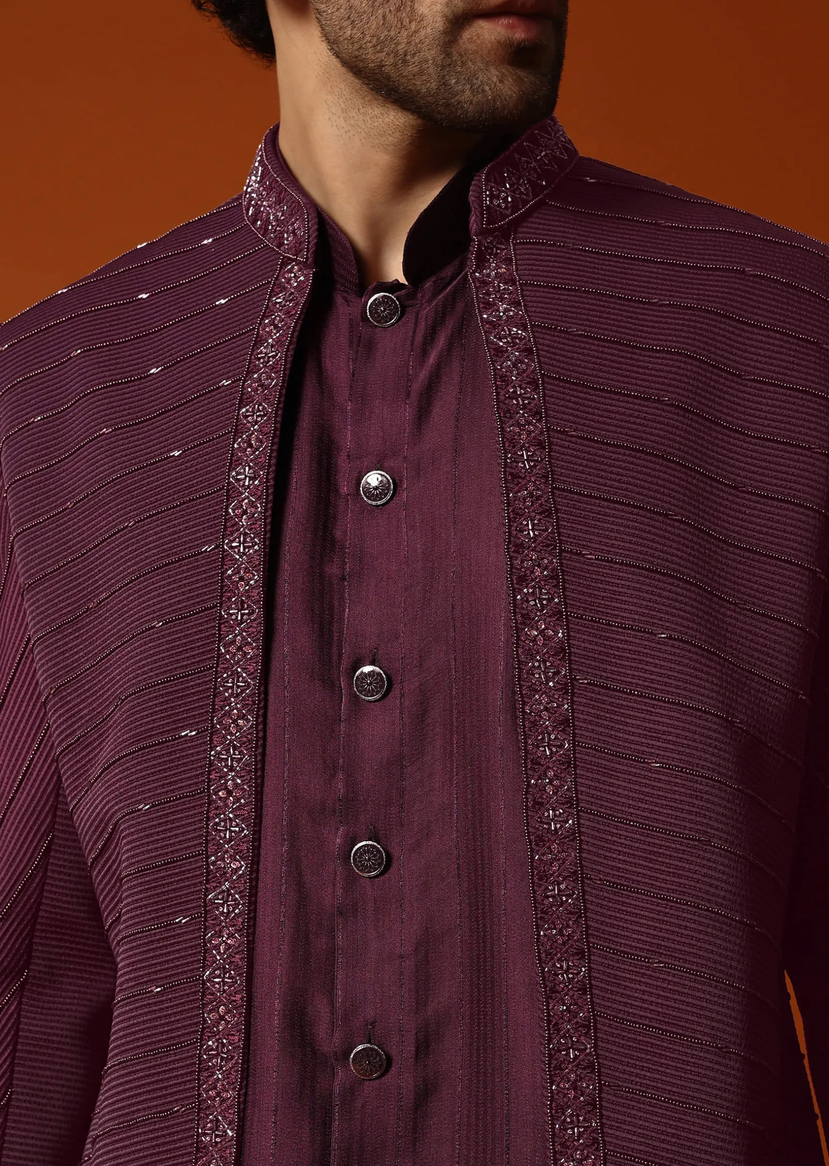 Wine Cutdana Embroidered Sherwani Set For Men
