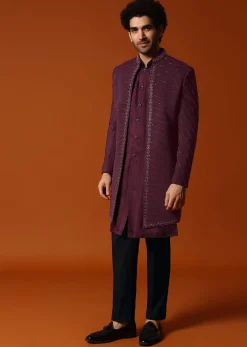 Wine Cutdana Embroidered Sherwani Set For Men