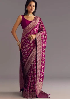 Wine Dola Silk Saree With Zari Jaal And Border Work