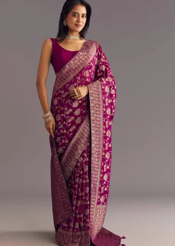 Wine Dola Silk Saree With Zari Jaal And Border Work