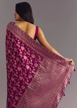 Wine Dola Silk Saree With Zari Jaal And Border Work