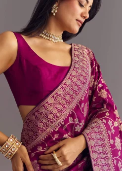 Wine Dola Silk Saree With Zari Jaal And Border Work