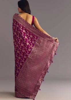Wine Dola Silk Saree With Zari Jaal And Border Work