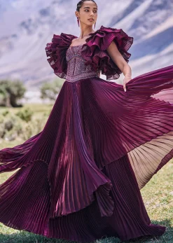 Wine Embroidered Flared Pleated Gown With Ruffle Sleeves