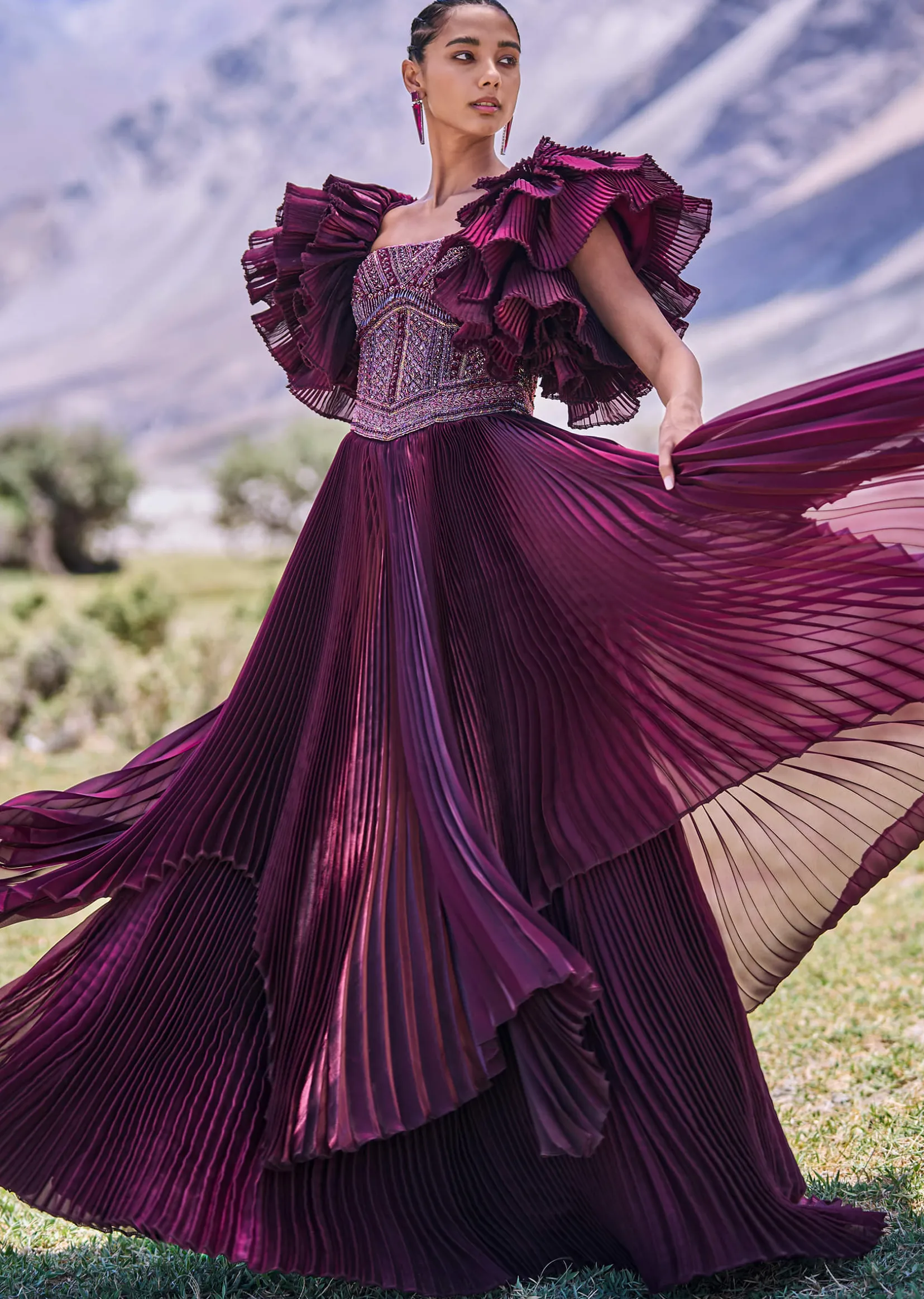 Wine Embroidered Flared Pleated Gown With Ruffle Sleeves
