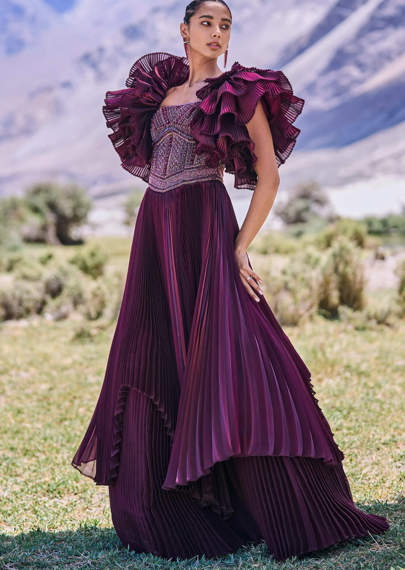 Wine Embroidered Flared Pleated Gown With Ruffle Sleeves