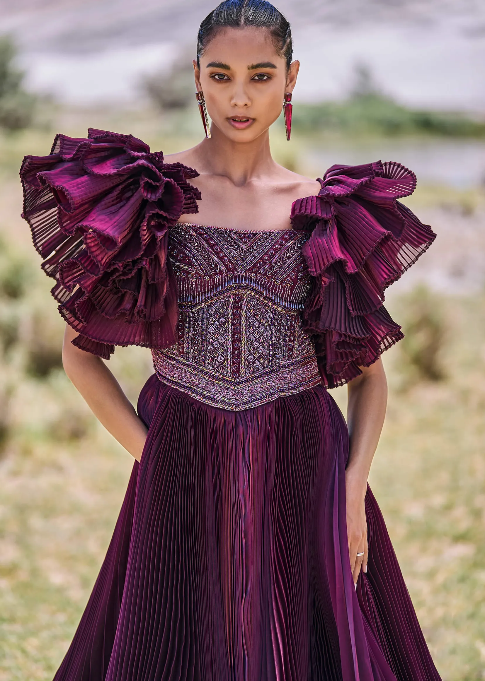 Wine Embroidered Flared Pleated Gown With Ruffle Sleeves
