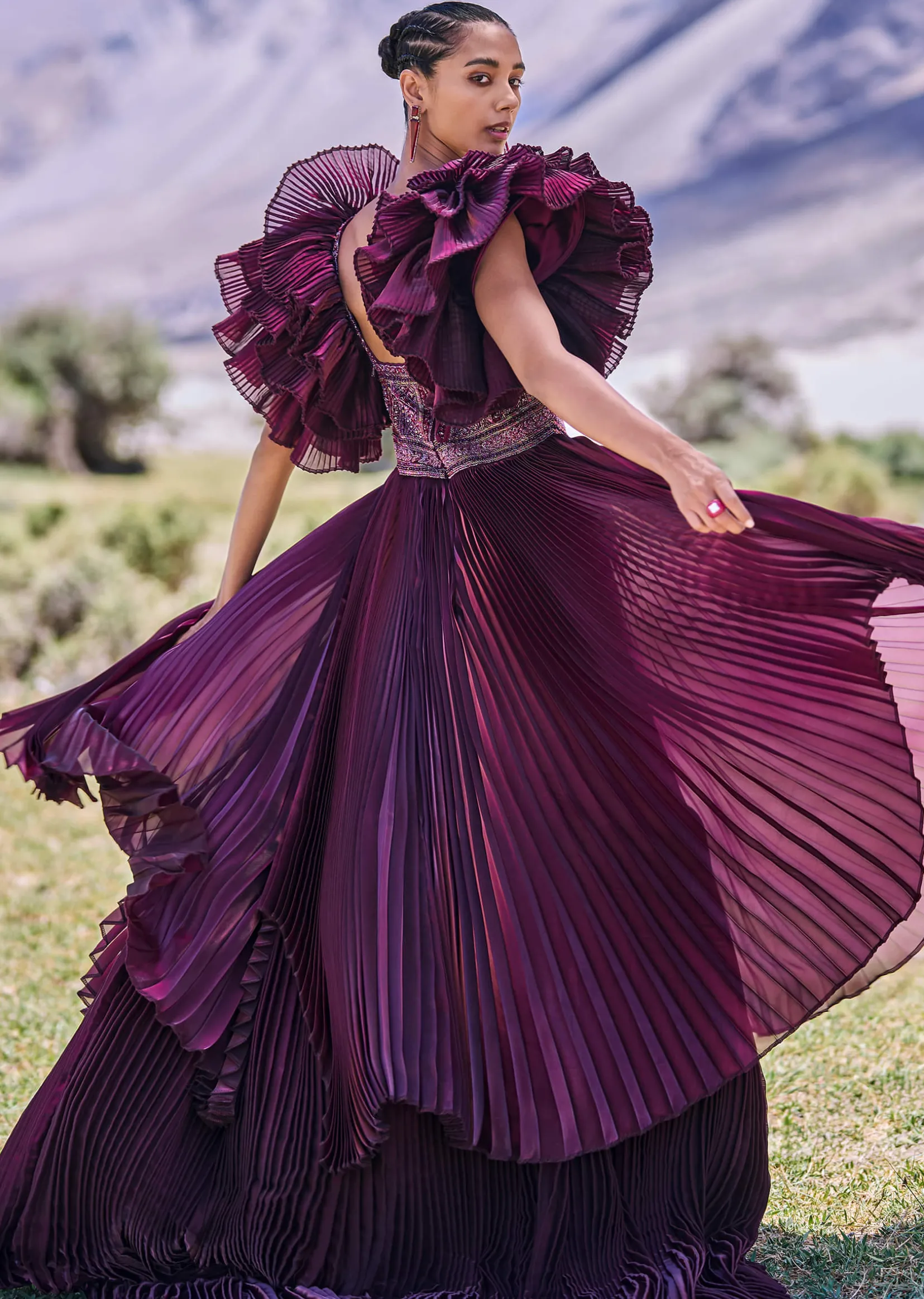 Wine Embroidered Flared Pleated Gown With Ruffle Sleeves