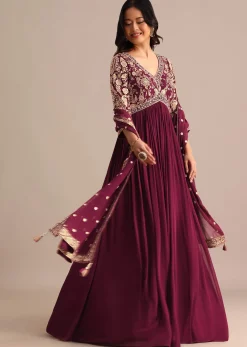 Wine Embroidered Georgette Anarkali Suit