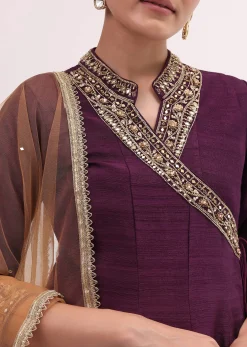 Wine Embroidered Kurta Dhoti Set