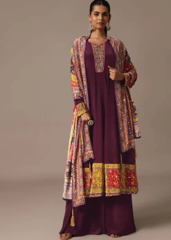 Wine Embroidered Kurta Palazzo Set With Mirror Work Dupatta