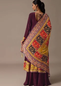 Wine Embroidered Kurta Palazzo Set With Mirror Work Dupatta