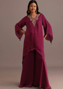 Wine Embroidered Kurta Palazzo Suit