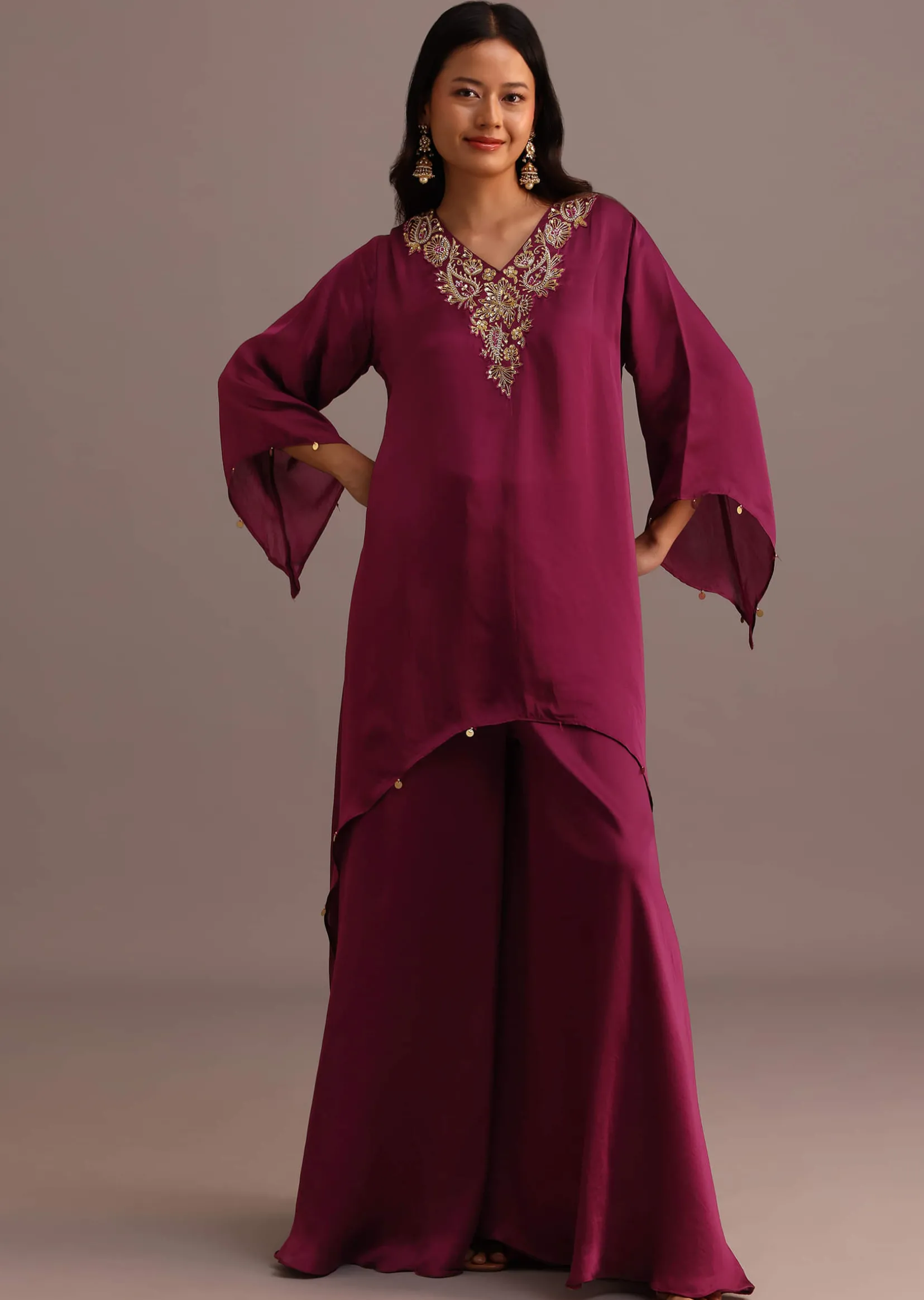 Wine Embroidered Kurta Palazzo Suit