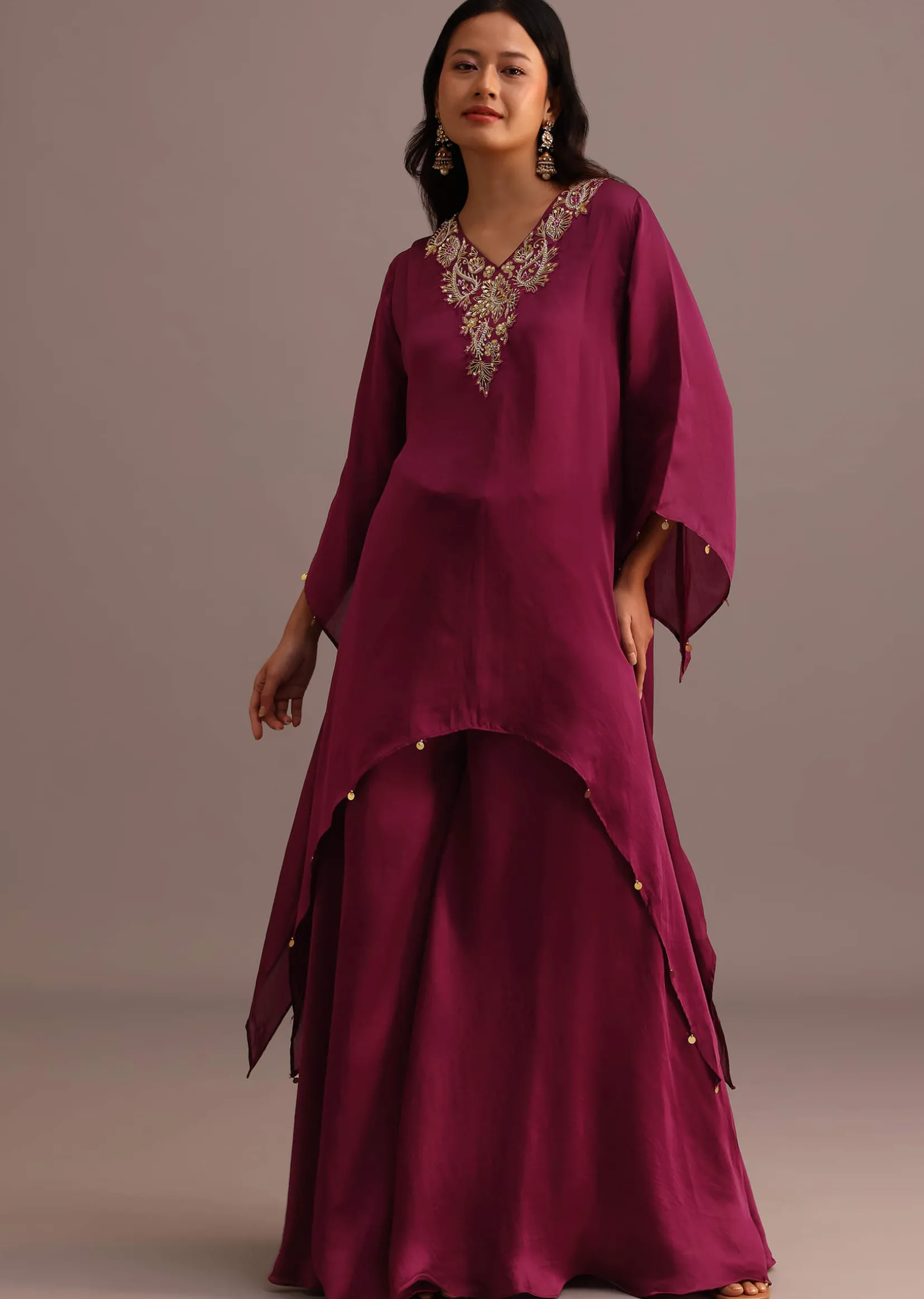 Wine Embroidered Kurta Palazzo Suit