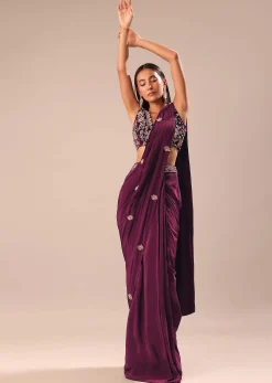 Wine Embroidered Pre Stitched Saree With Blouse