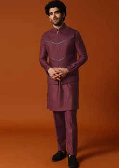 Wine Embroidered Rayon Kurta Jacket Set For Men