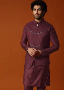 Wine Embroidered Rayon Kurta Jacket Set For Men