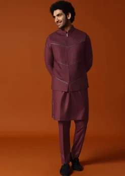 Wine Embroidered Rayon Kurta Jacket Set For Men