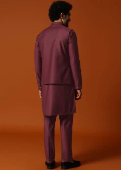 Wine Embroidered Rayon Kurta Jacket Set For Men