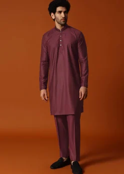 Wine Embroidered Rayon Kurta Jacket Set For Men