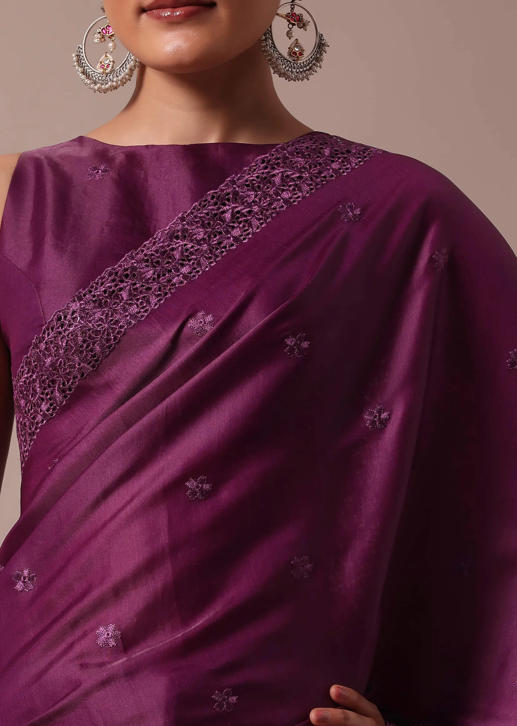 Wine Embroidered Tussar Saree With Unstitched Blouse