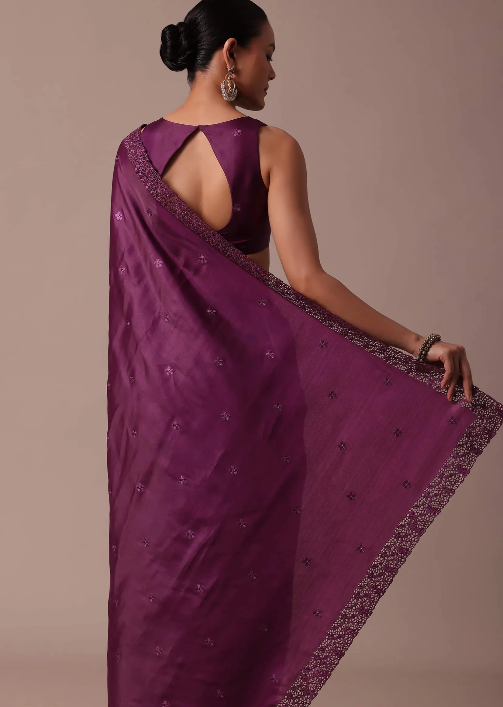 Wine Embroidered Tussar Saree With Unstitched Blouse