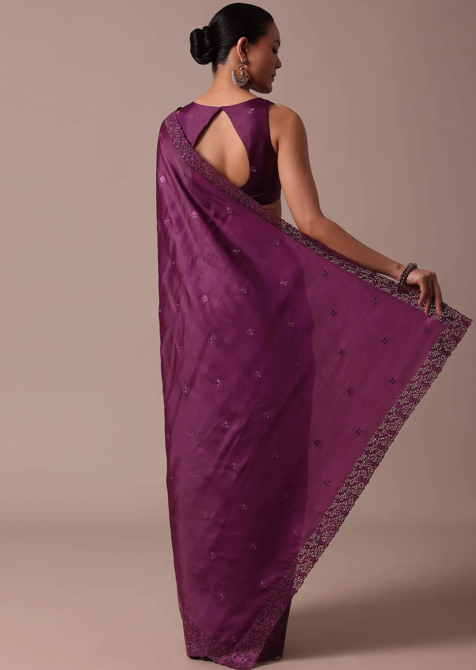 Wine Embroidered Tussar Saree With Unstitched Blouse